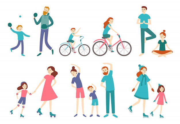 Esporte família pessoas. Casal com filhos em exercícios de fitness, andar de bicicleta e jogar tênis. Ilustração em vetor esportes estilo de vida atividades