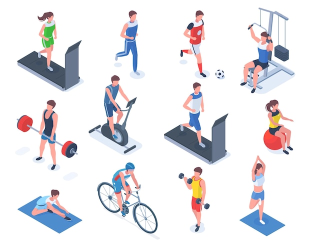 Esporte isométrico pessoas fitness ginásio e ioga pessoas treinando em bicicleta ergométrica e esteira conjunto de ilustração vetorial levantamento de barra e personagens de futebol atividades físicas para desportistas