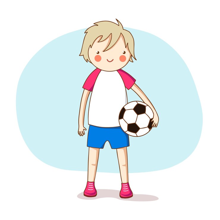 Vetor esporte. um menino com uniforme esportivo com uma bola de futebol. vetor