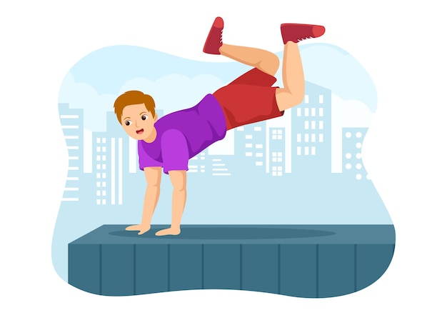 Esportes de parkour com homens pulando paredes e barreiras em edifícios em ilustração plana de desenho animado