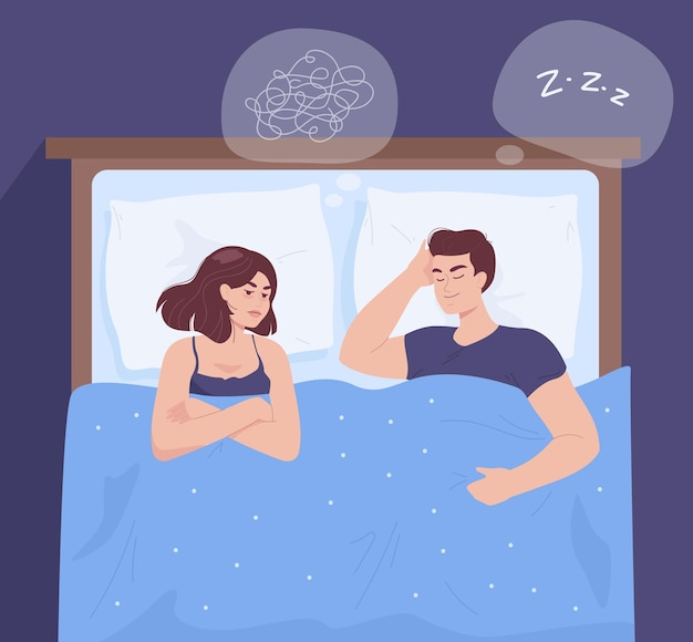 Esposa triste dos desenhos animados tendo problemas para dormir com o marido. casal deitado na cama, mulher frustrada com ilustração vetorial plana de problema. insônia, conceito de distúrbio do sono para banner, design de site