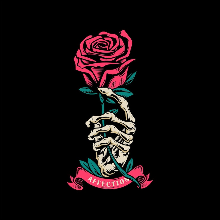 Vetor esqueleto com a mão esquerda segurando uma rosa com estilo vintage