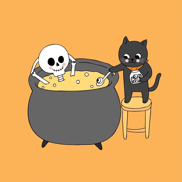 Esqueleto de halloween bonito dos desenhos animados e cozinhar gato preto