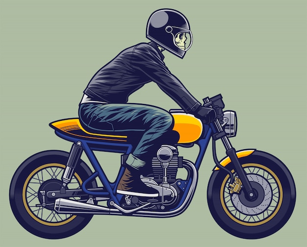 Esqueleto de ilustração de motociclista na moto