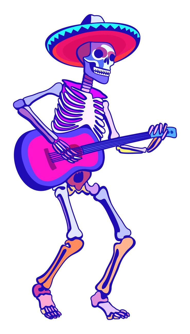 Vetor esqueleto de sombrero tocando guitarra ilustração isolada de vetor engraçado conceito do dia dos mortos