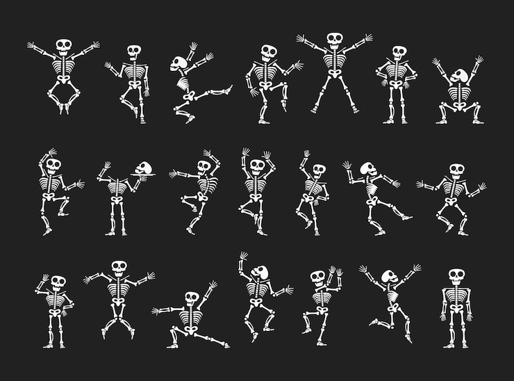 Vetor esqueletos dançando com diferentes posições conjunto de ilustrações vetoriais de estilo plano