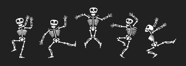 Esqueletos dançando com diferentes posições estilo plano design vetor ilustração conjunto dança engraçada