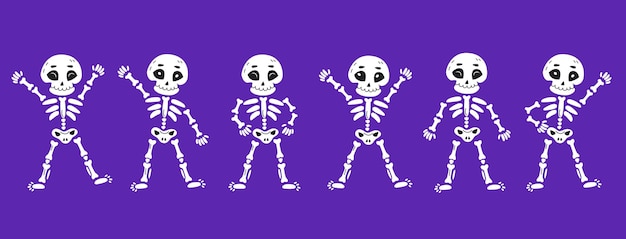 Esqueletos dançantes engraçados no estilo dos desenhos animados desenhados à mão. dia dos mortos, ilustração em vetor conceito halloween.