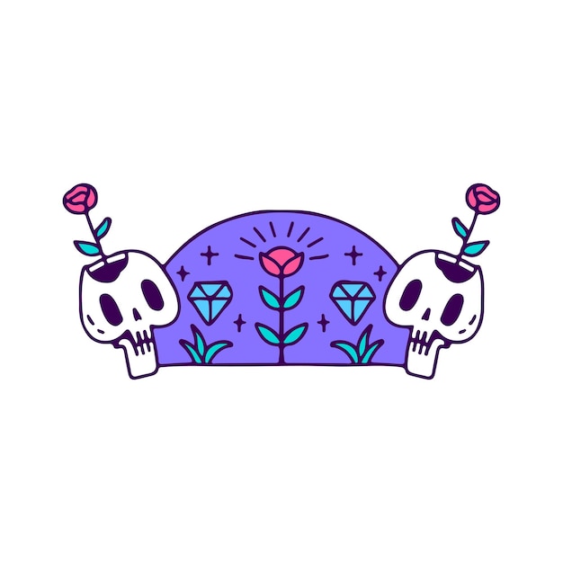 Esqueletos românticos com rosas e diamantes, ilustração para camiseta, adesivo ou vestuário.