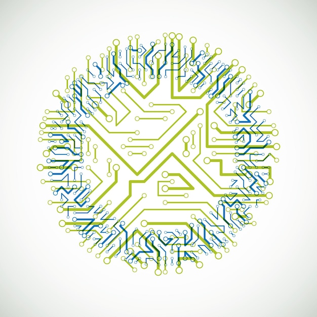 Vetor esquema cibernético futurista, ilustração vetorial de placa-mãe verde e azul. elemento circular com textura de placa de circuito.