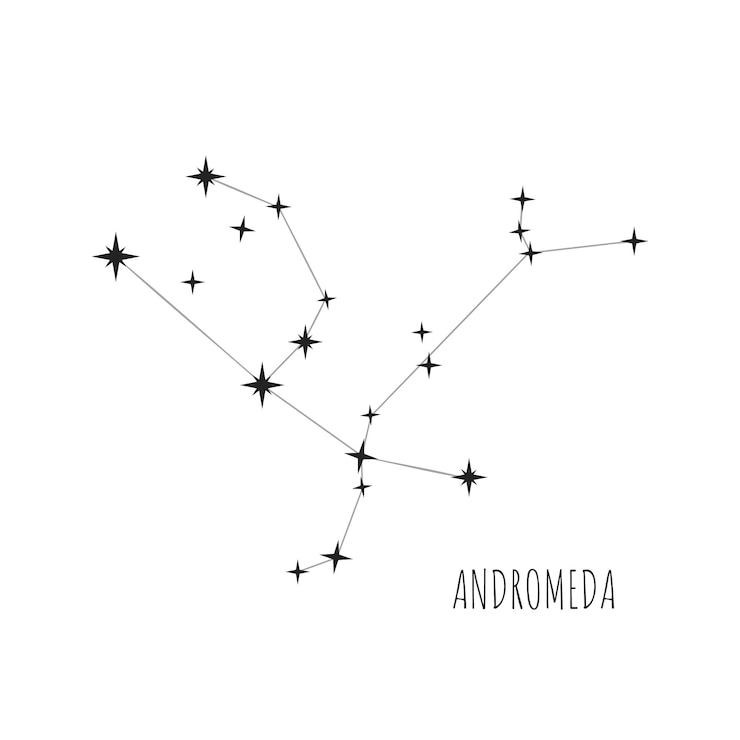 Vetor esquema de constelação simples andromeda, doodle, conjunto desenhado de ícones lineares de todas as 88 constelações