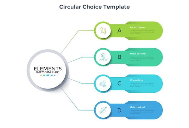 Esquema moderno com quatro elementos ligados ao círculo principal. conceito de 4 opções de negócios para escolher. modelo de design infográfico mínimo. ilustração em vetor plana para visualização de dados de negócios.