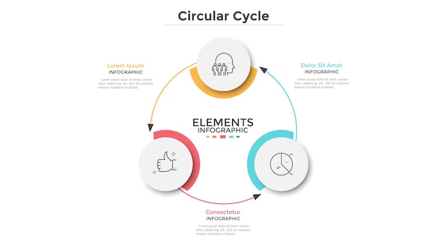 Esquema redondo com 3 elementos de papel branco circulares conectados por setas. Conceito de três etapas do ciclo de negócios ou processo cíclico. Modelo de design mínimo infográfico. Ilustração vetorial moderna.
