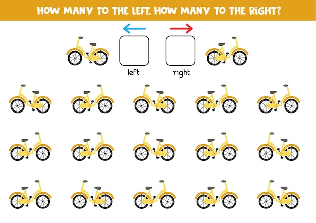 Esquerda ou direita com bicicleta amarela dos desenhos animados. jogo educativo para aprender a torto e a direito.