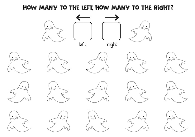 Esquerda ou direita com fantasma bonito de halloween. planilha lógica para pré-escolares.