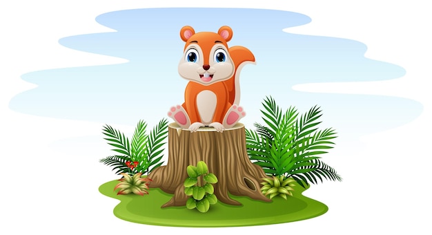 Vetor esquilo de desenho animado sentado no toco de árvore