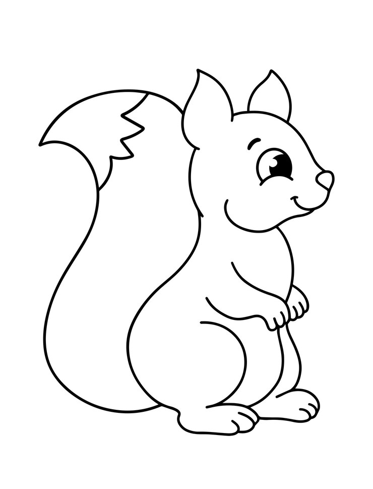 Vetor esquilo fofo com uma noz nas patas para colorir página ou livro personagem de desenho animado animal selvagem preto