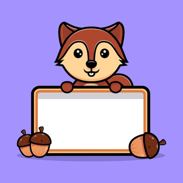 Esquilo fofo segurando o personagem mascote do quadro de texto em branco