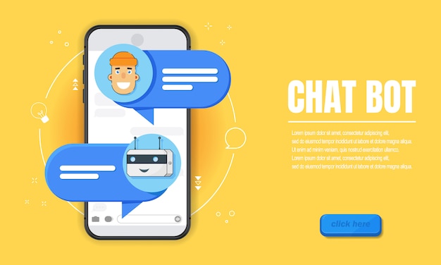 Esse conceito de bot. Modelo de banner de negócios horizontal com ilustração do homem conversando com bot de bate-papo no smartphone. Capa de modelo de site com lugar para texto de estilo simples.
