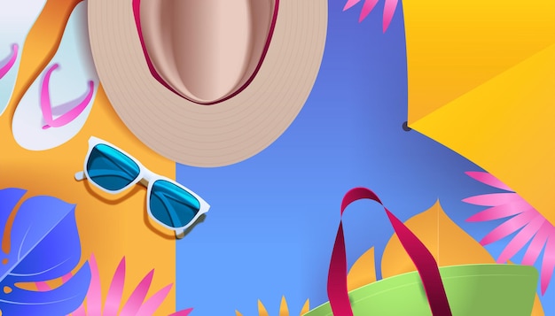 Essências de praia de verão chapéu óculos de sol chinelos bolsa de bagagem folhas tropicais cores brilhantes acessórios de viagem de férias