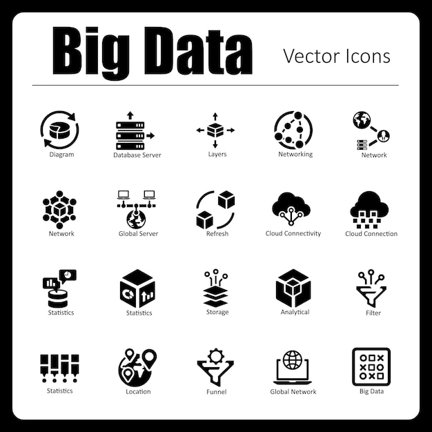 Esta é uma coleção de 24 ícones vetoriais de big data perfeitos em pixels feitos à mão