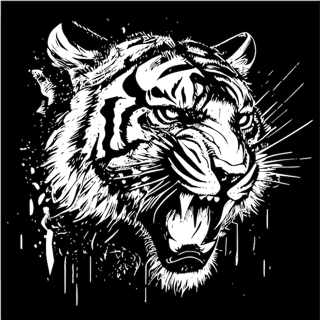 Esta ilustração vetorial de cabeça de tigre com respingos de tinta é um design arrojado e marcante, com desenhos intrincados.
