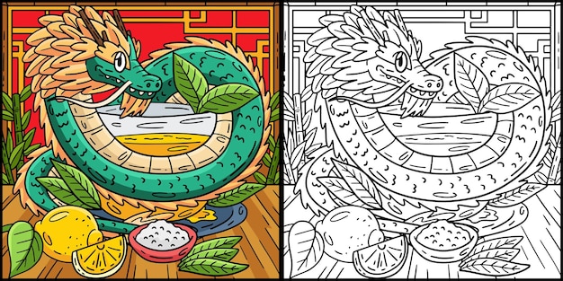 Esta página para colorir mostra um ano do dragão em torno de uma xícara de chá um lado desta ilustração é colorido e serve como inspiração para as crianças
