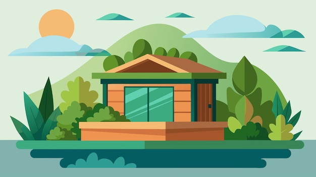 Vetor esta sauna ecológica possui um telhado verde que se mistura perfeitamente com a paisagem circundante e
