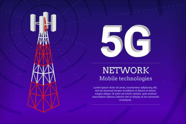 Estação base da torre 5g antena de telecomunicação celular internet banda larga wifi móvel mastro celular banner de comunicação de rede com espaço de cópia fundo de ilustração vetorial