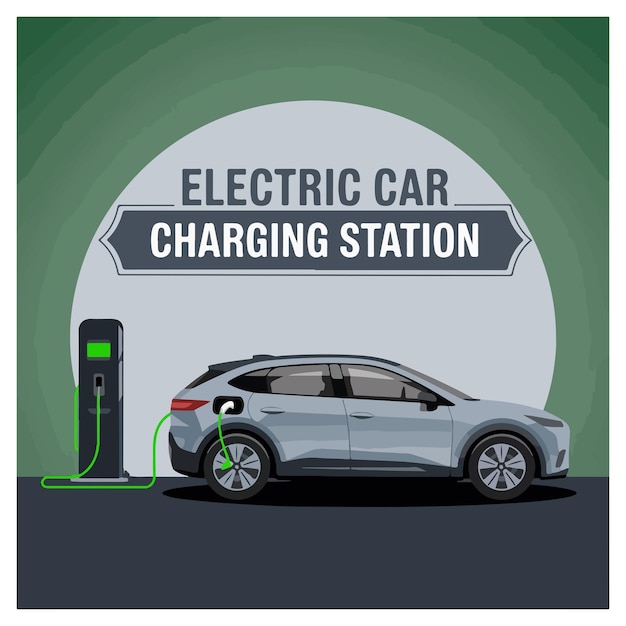 Estação de carregamento de automóveis elétricos site banner ou landing page conceito com vista lateral automóvel elétrico um