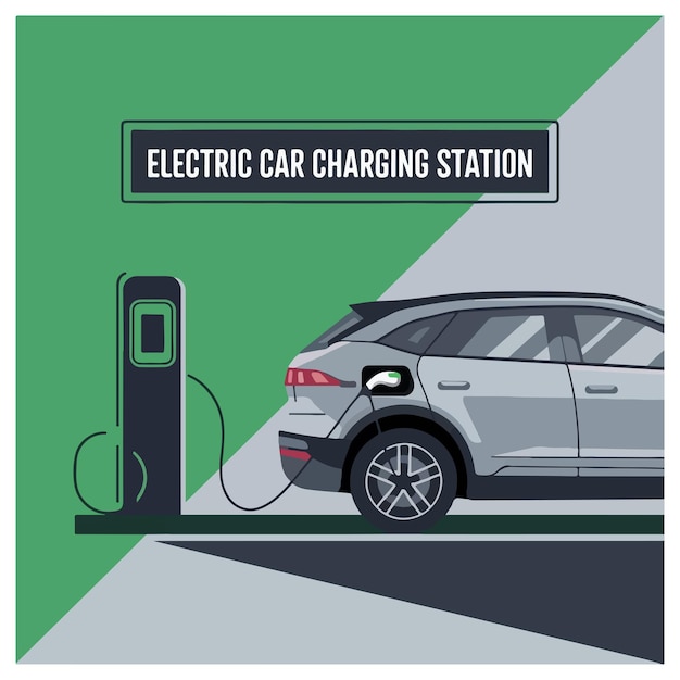Estação de carregamento de automóveis elétricos site banner ou landing page conceito com vista lateral automóvel elétrico um