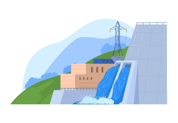 Vetor estação de energia hidrelétrica de fábrica gera eletricidade com vetor de desenhos animados do gerador