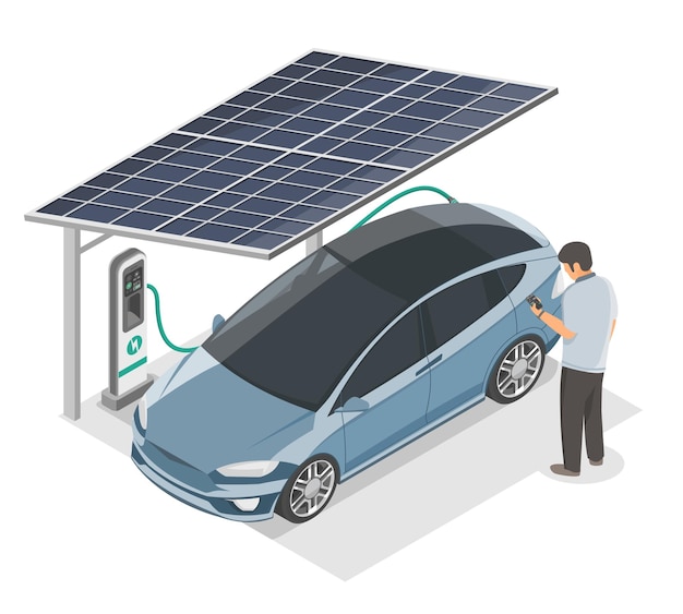 Vetor estação de estacionamento de carregamento de carro elétrico ev energia limpa do conceito de ecologia de célula solar isométrica