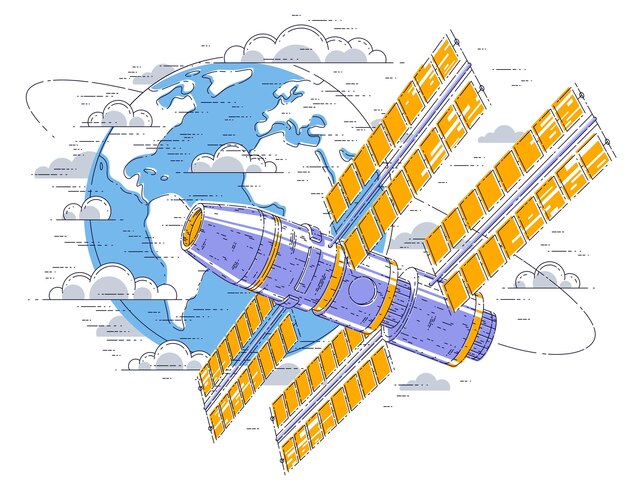 Estação espacial voando orbital spaceflight ao redor da terra, nave espacial iss com painéis solares, satélite artificial. ilustração em vetor 3d linha fina.