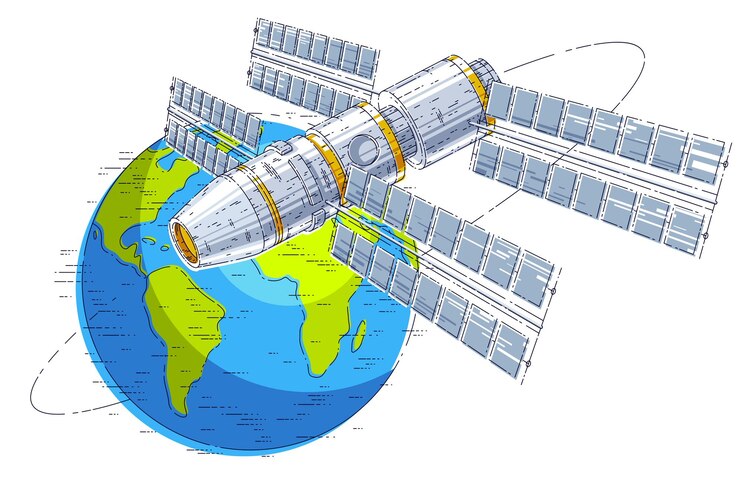 Vetor estação espacial voando vôo orbital ao redor da terra, nave espacial iss com painéis solares, satélite artificial. ilustração em vetor 3d linha fina.