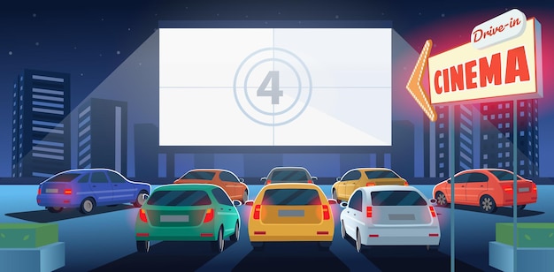 Estacionamento ao ar livre cinema para carros drivein cinema teatro à noite ilustração dos desenhos animados