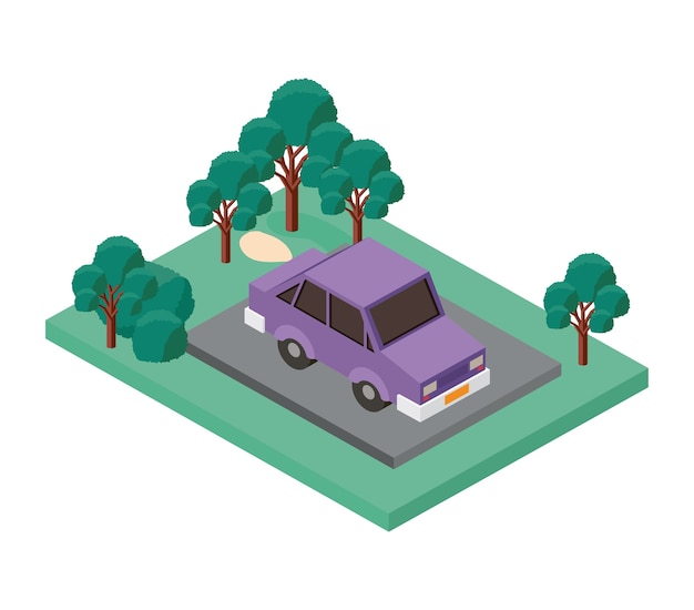 estacionamento carro e árvores ícone isométrica de cena
