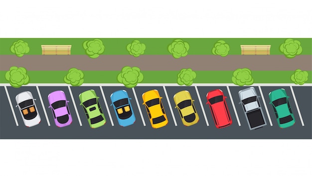 Vetor estacionamento com parque da cidade. vista superior urbana
