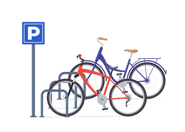 Vetor estacionamento de bicicletas bicicletas modernas no sinal de estacionamento ilustração vetorial