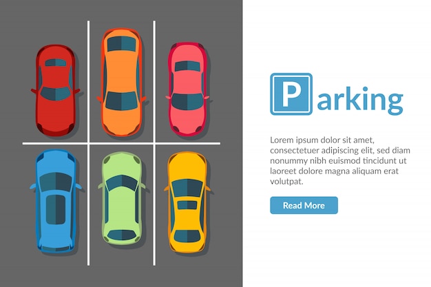 Estacionamento grátis com carro diferente. ilustração do veículo vista superior em estilo simples