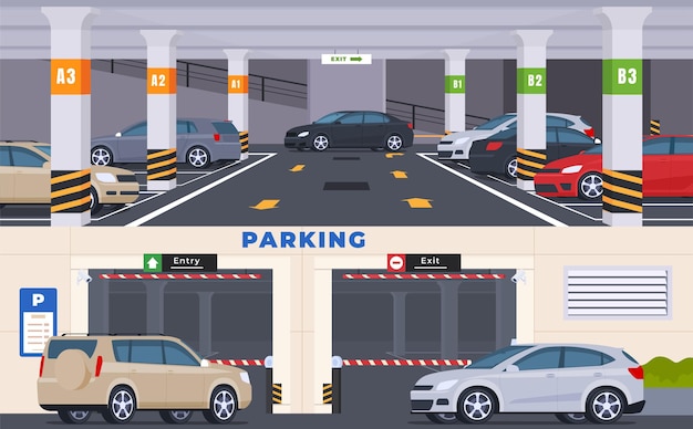 Estacionamento subterrâneo para veículos estacionados no estacionamento compacto da cidade em supermercados highrise bu