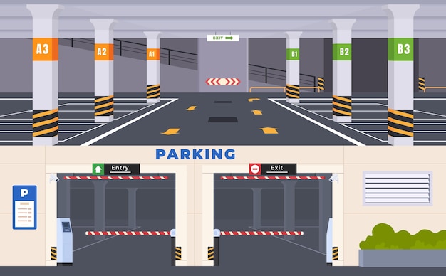 Estacionamento subterrâneo para veículos estacionados no estacionamento compacto da cidade em supermercados