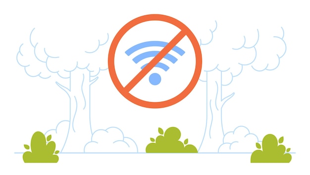 Estacione com arbustos e árvores gastando tempo sem dispositivos desintoxicação de internet sem sinal de wifi ilustração em vetor de desenho animado