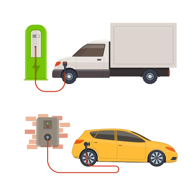 Vetor estações de carregamento de carros elétricos veículos elétricos carregados em uma ilustração vetorial de estação de carregamento