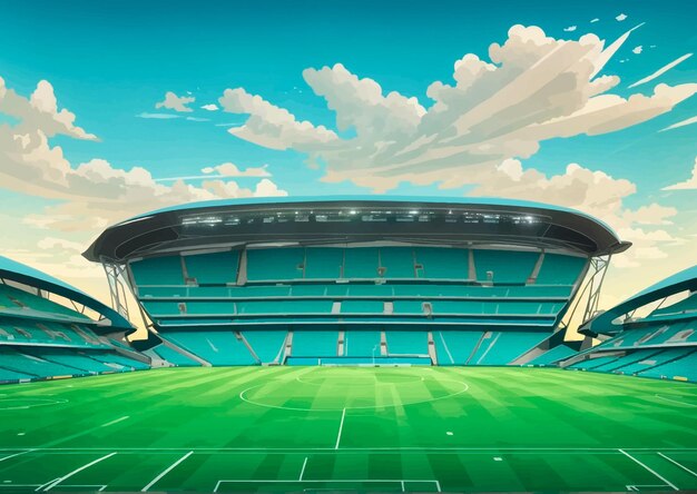 Vetor estádio de futebol com grama verde e ilustração vetorial de céu azul