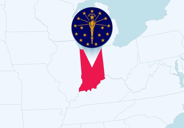 Vetor estados unidos com mapa de indiana selecionado e ícone de bandeira de indiana