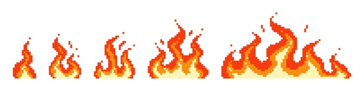 Vetor estágios de ignição de chama de pixel pequena fogueira vermelha se transformando em inferno de fogo consequências da explosão em chamas com chamas vetoriais furiosas