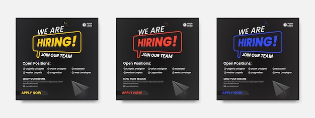 Estamos a contratar vagas de emprego, anúncios de banners quadrados, modelos de design para posts nas redes sociais.