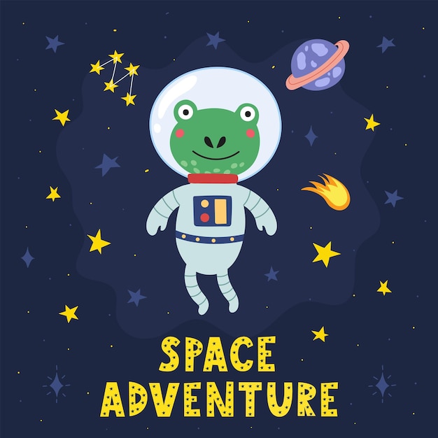 Estampa de aventura espacial com astronauta sapo fofo. cartão cósmico em estilo cartoon com um personagem engraçado