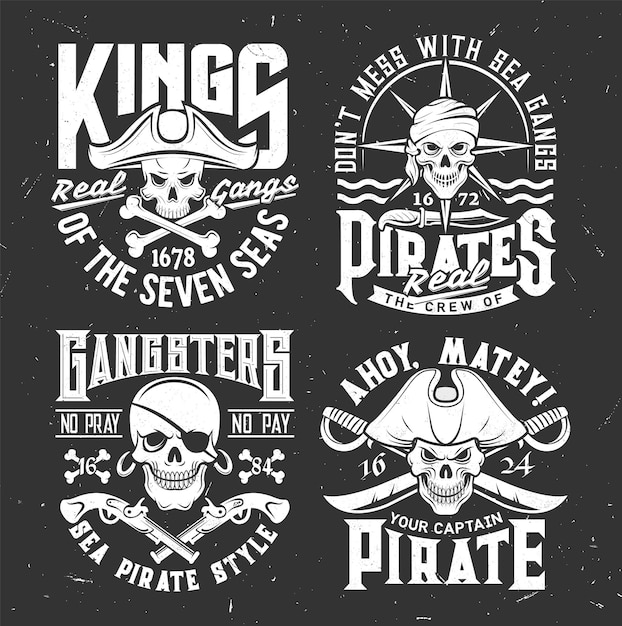Estampa de camiseta com mascote de caveira pirata em tricorn